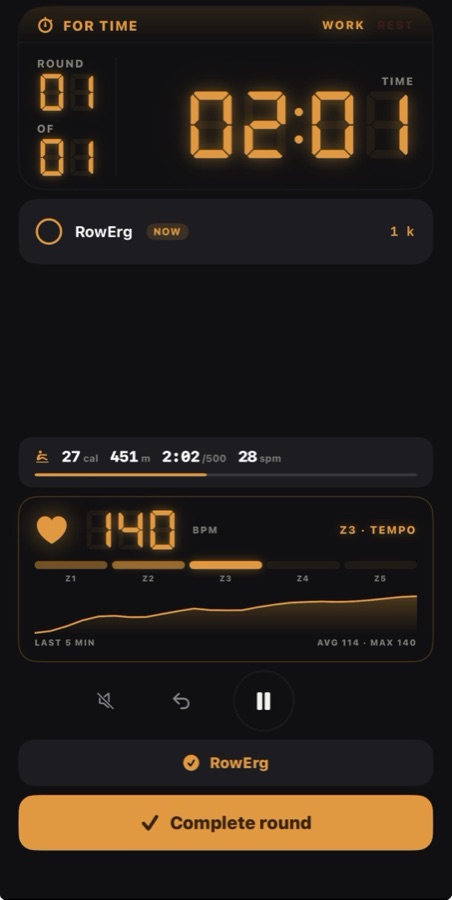 A workout running with a Concept2 machine connected, calories counted by the monitor