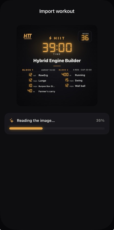 Importing a workout from a photo: the app reads the board and builds the blocks