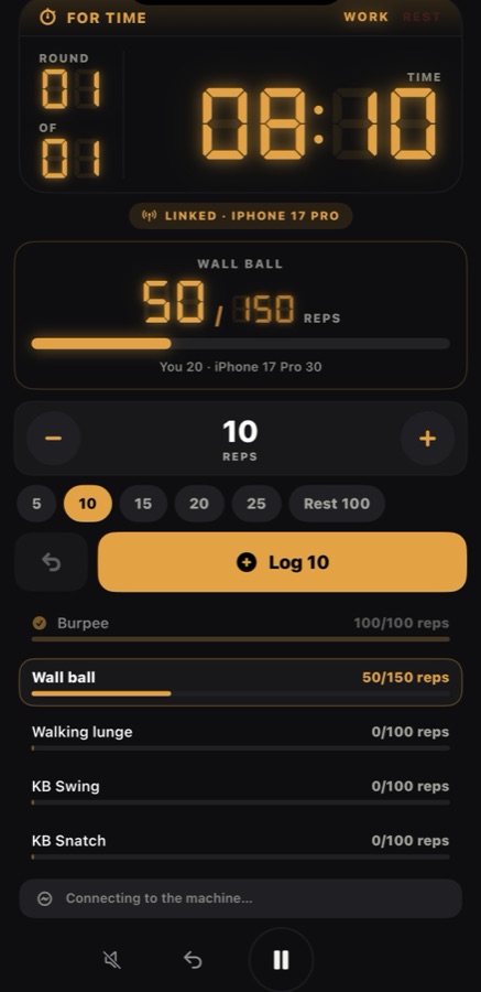 A partner workout running on a shared board with live totals