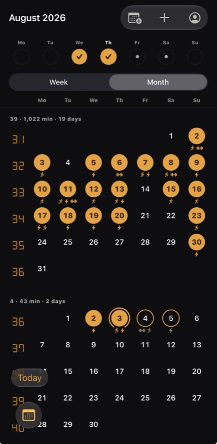 Rolling month calendar with week numbers in the margin