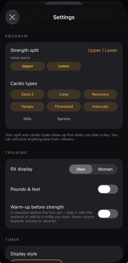 Your program in settings: strength split and the cardio sessions you actually do