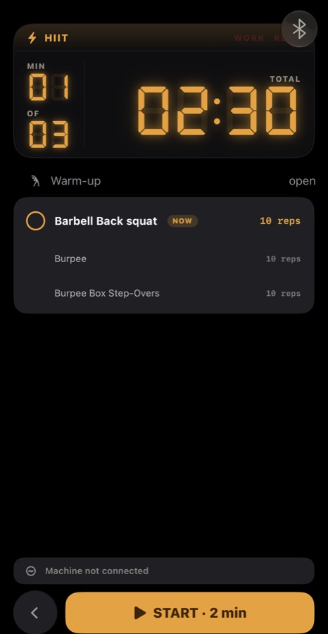 The gym clock on a HIIT workout, ready to start, with the round counter and warm-up below